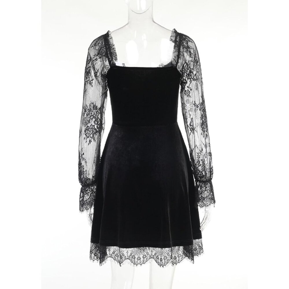 Women's Goth Witchy Dress Velvet Moon Fairy Lolita Dresses Long Sleeve Dress - Picture 5 of 9